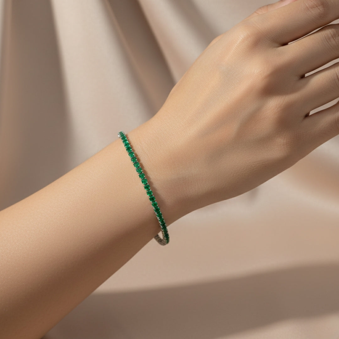 Green Small Diamond Silver Tennis Bracelet GWB-76