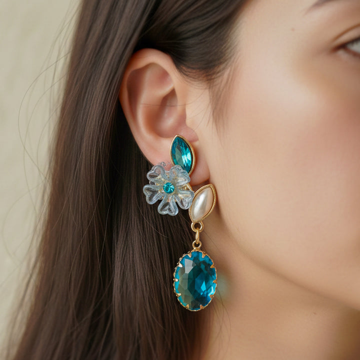 Blue Floral Crystal  Earrings GWE -239