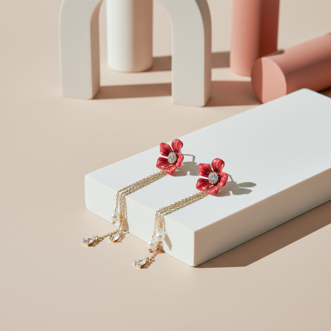 Ruby Blossom Pearl Tassel Earrings GWE -119