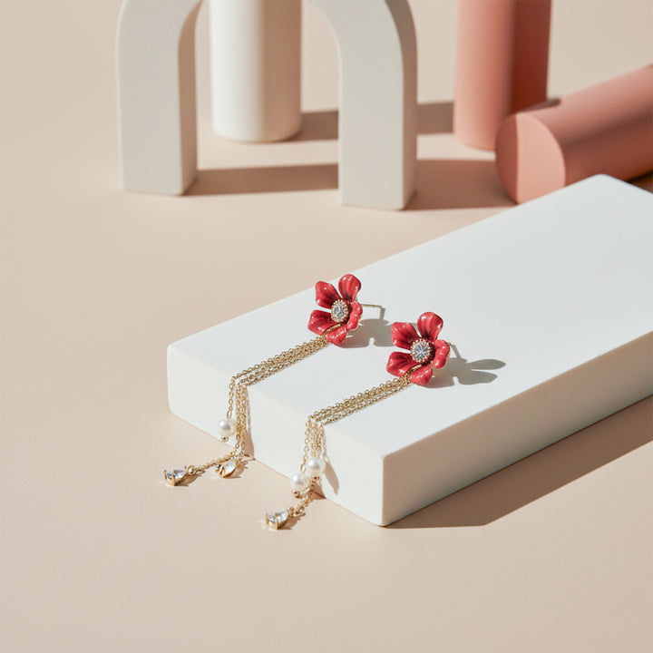 Ruby Blossom Pearl Tassel Earrings GWE -119