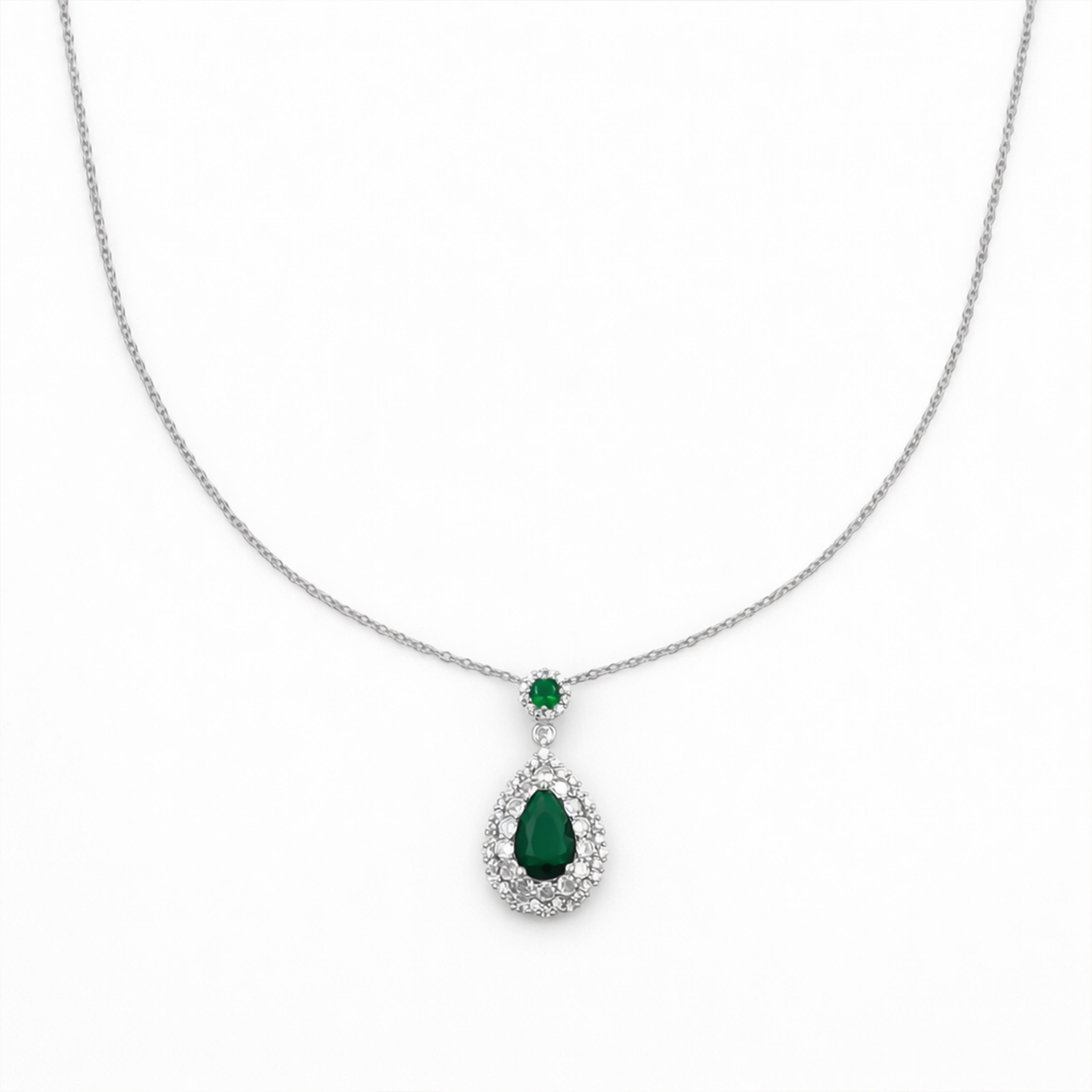 Emerald Teardrop Halo Pendant Necklace GWN -106