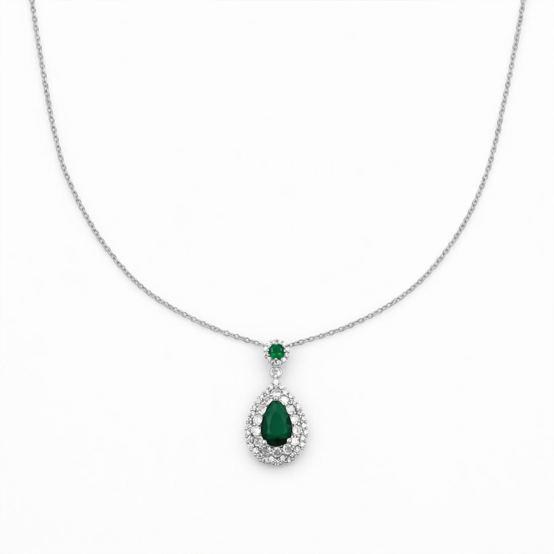 Emerald Teardrop Halo Pendant Necklace GWN -106