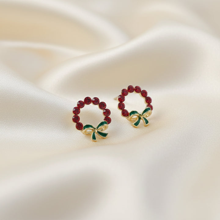 Festive Crystal Wreath Bow Stud Earrings GWE -117