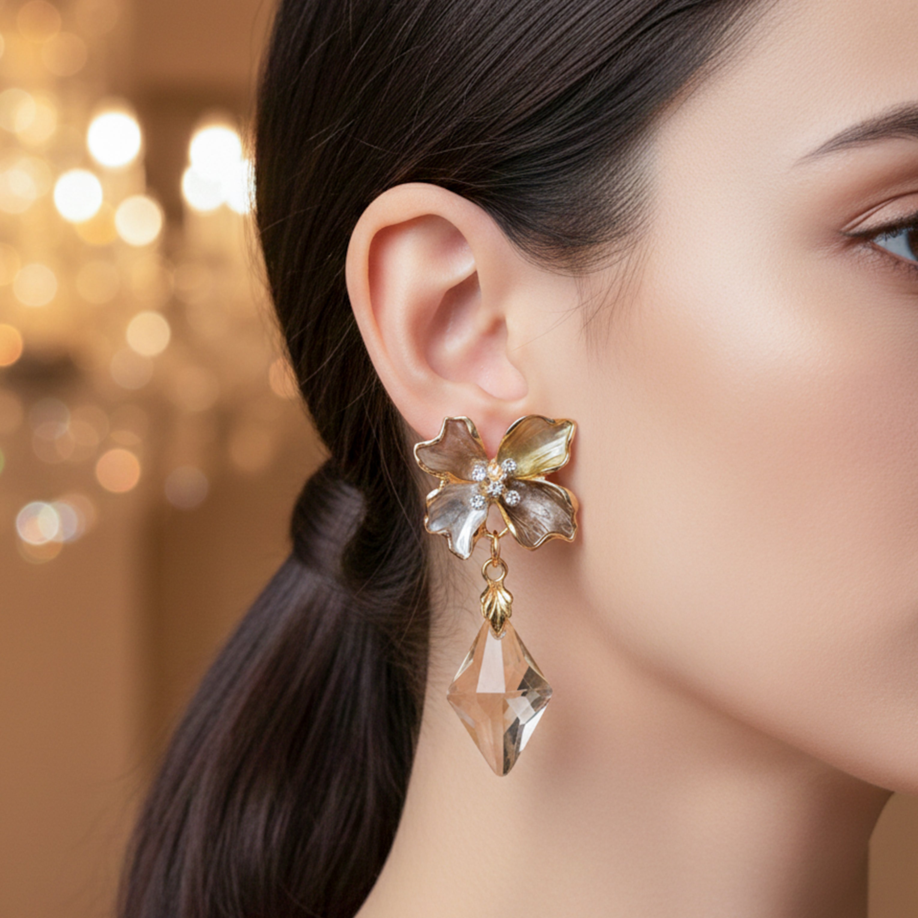 Golden Petal Crystal Drop Earrings GWE -208