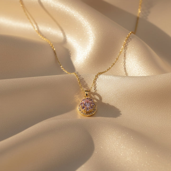 Pink Crystal Floral Pendant Necklace GWN -84