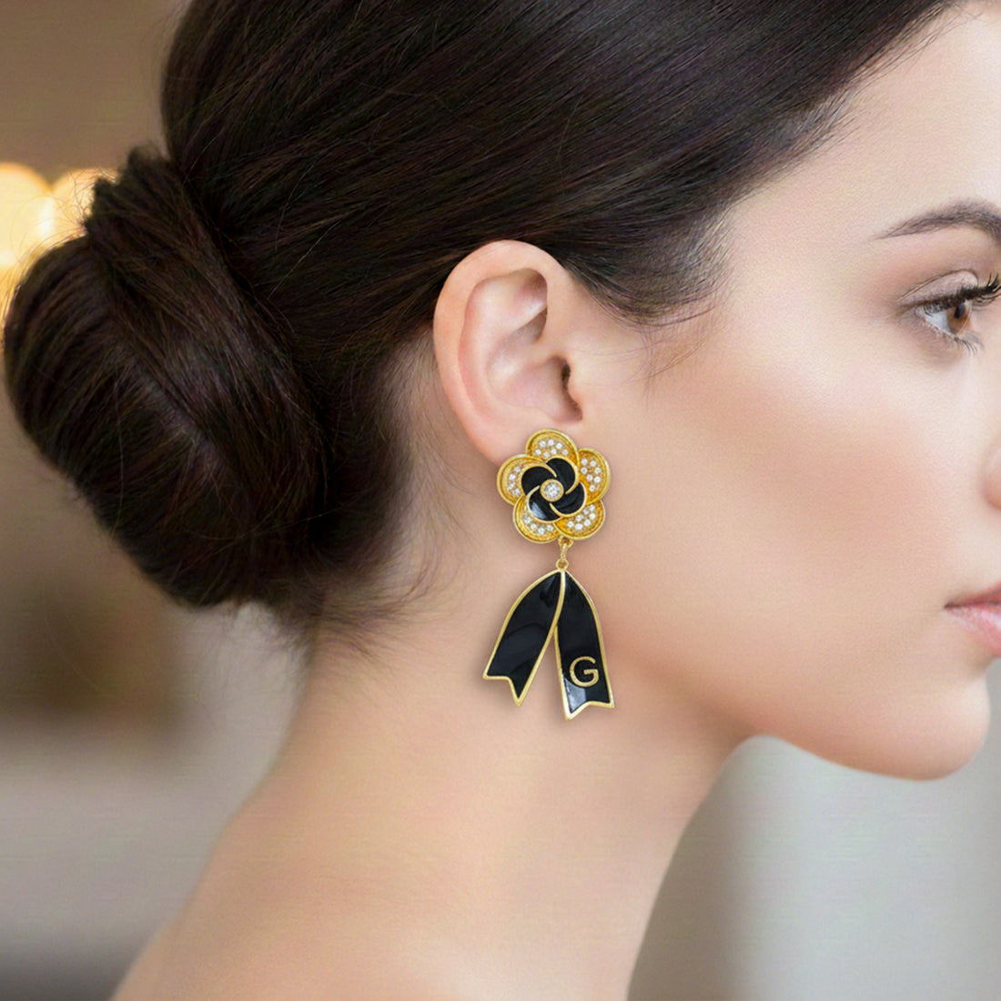 Midnight Bloom Crystal Ribbon Drop Earrings GWE -61
