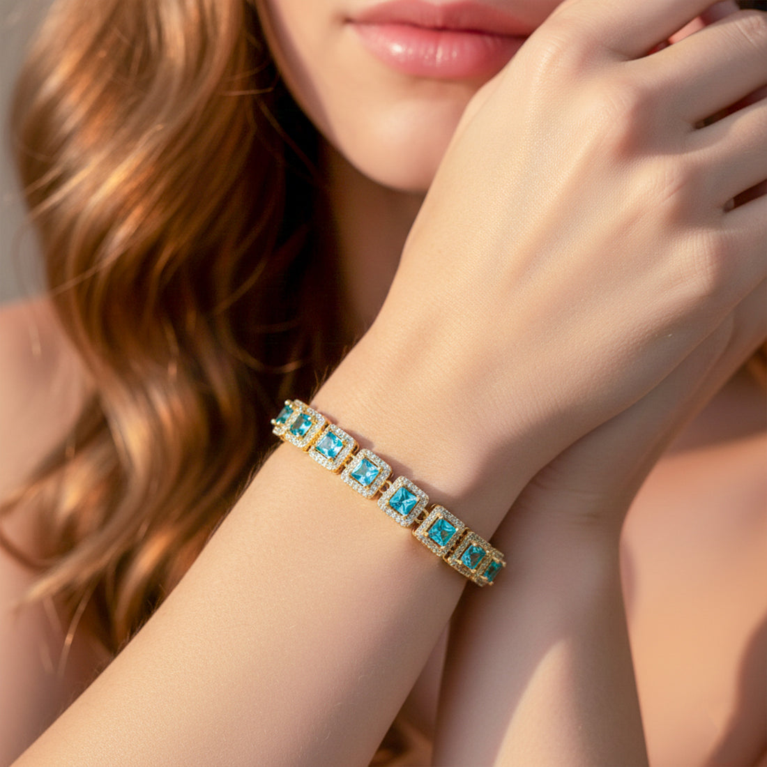 Aqua Blue Square Stone Halo Tennis Bracelet GWB -142
