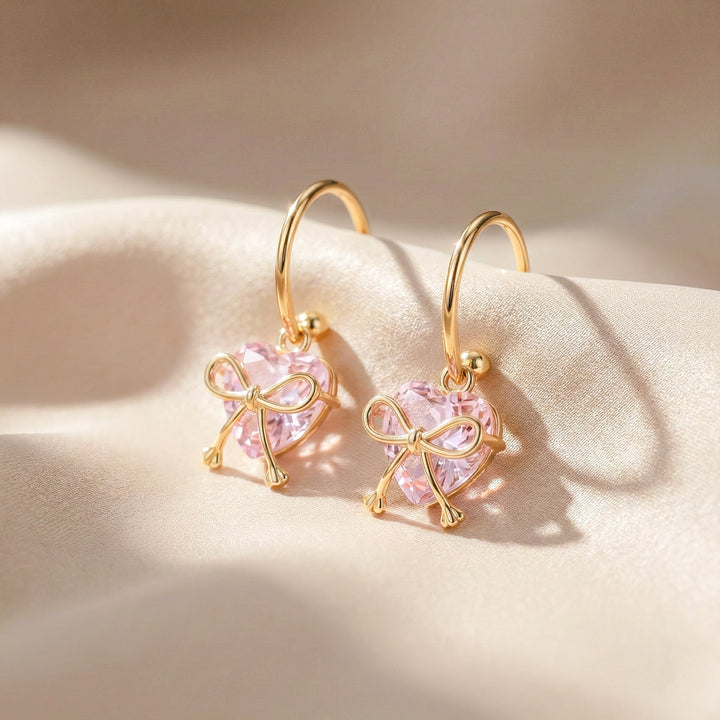 Bow Heart Crystal Drop Earrings GWE -89