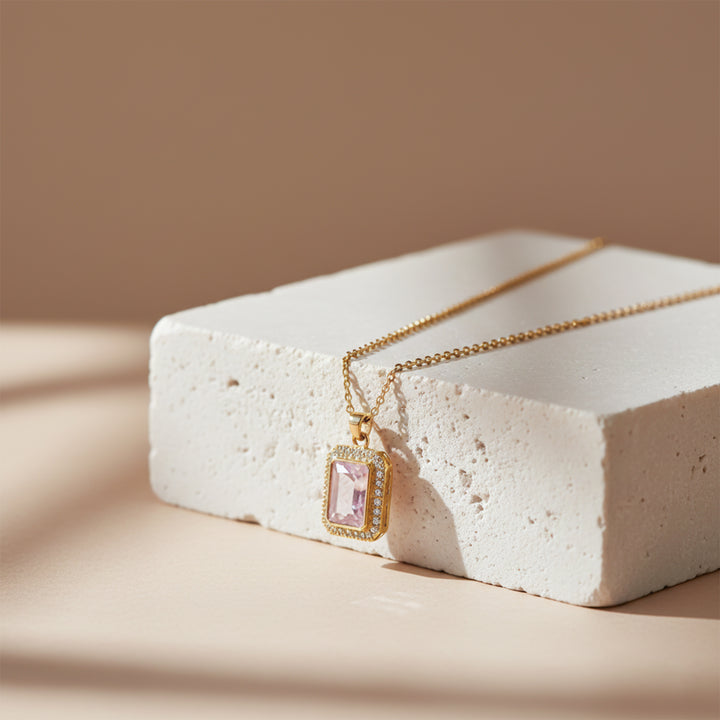 Pink Stone Halo Pendant Necklace GWN -152