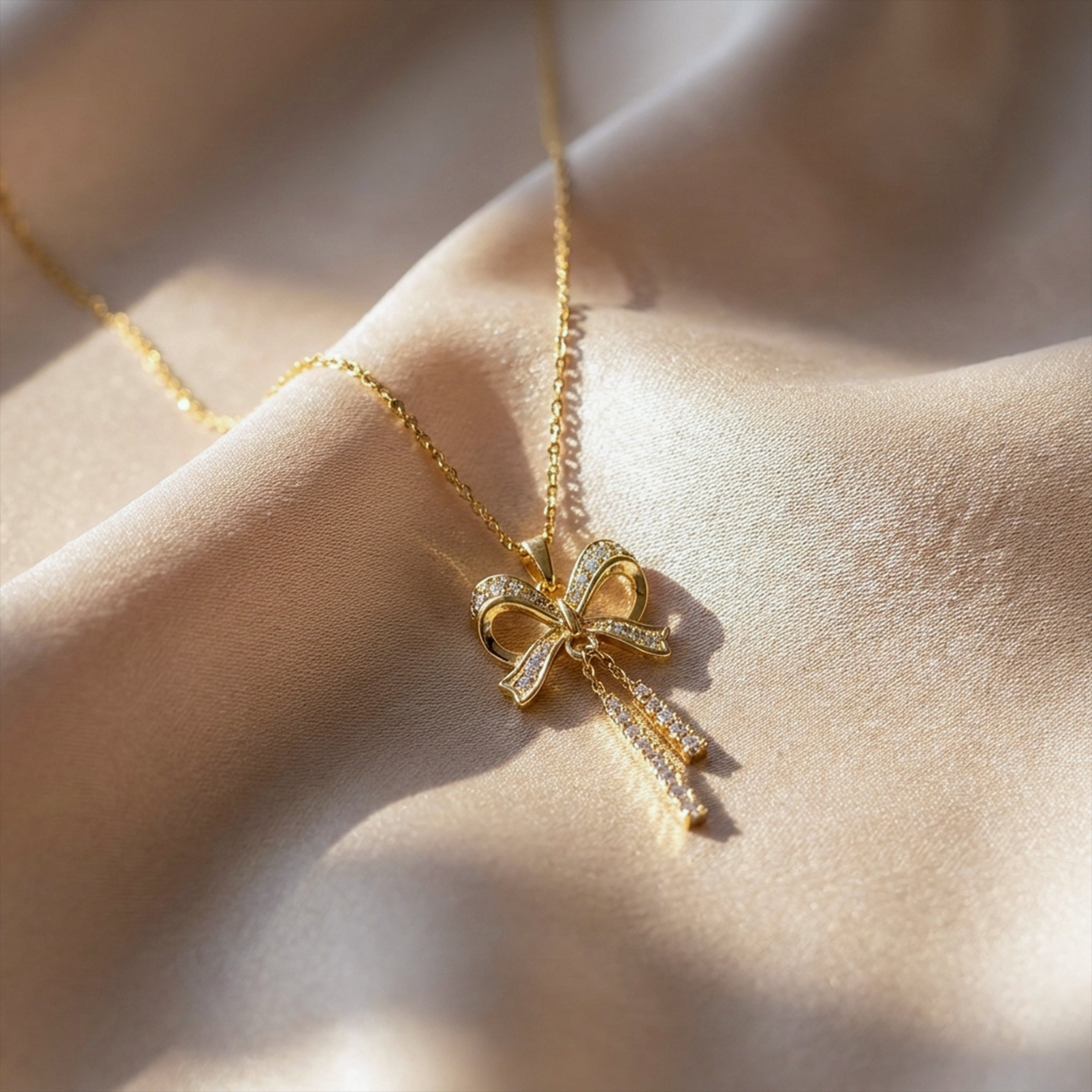 Diamond Bow Tassel Gold Necklace GWN -91