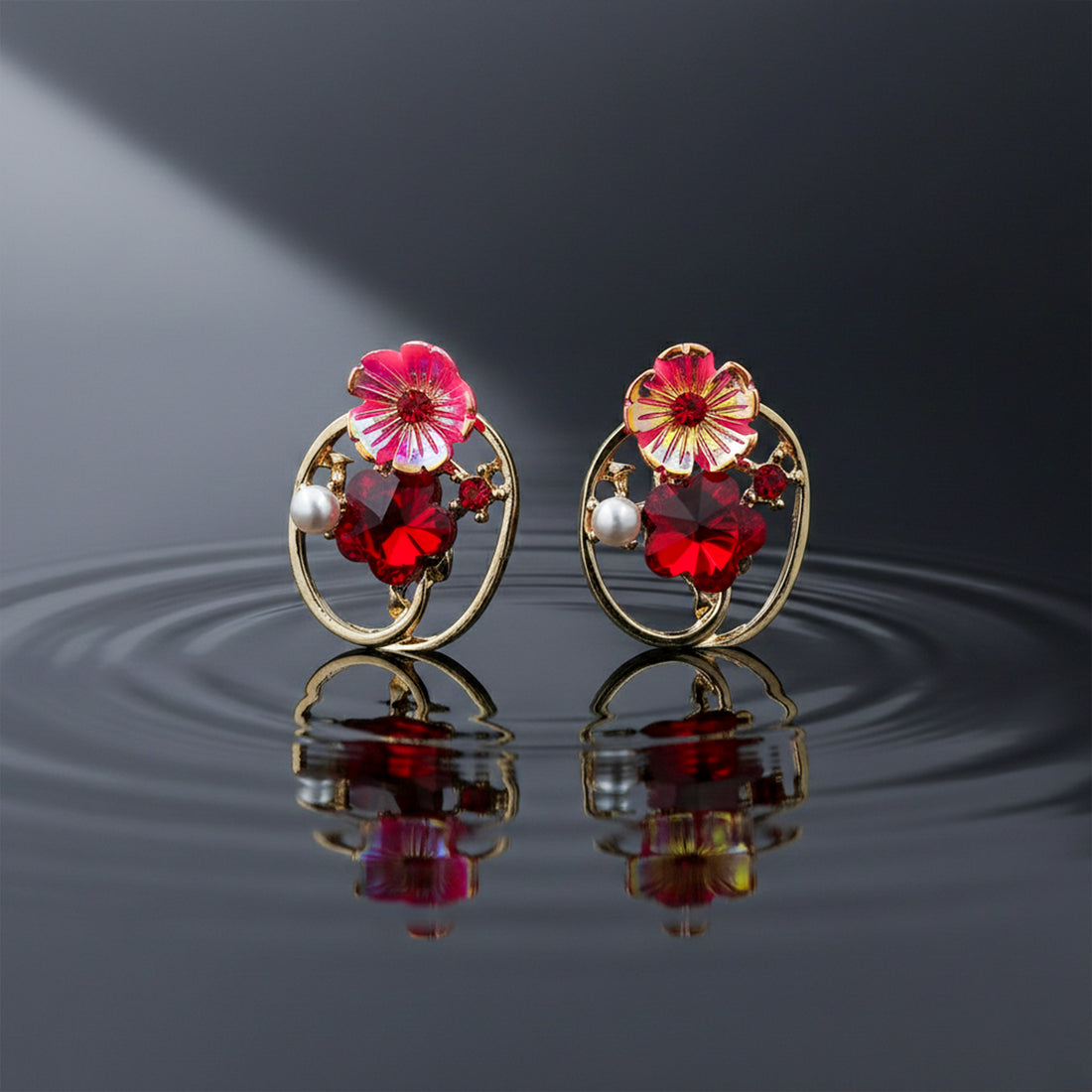 Red Floral Crystal Earrings GWE -227