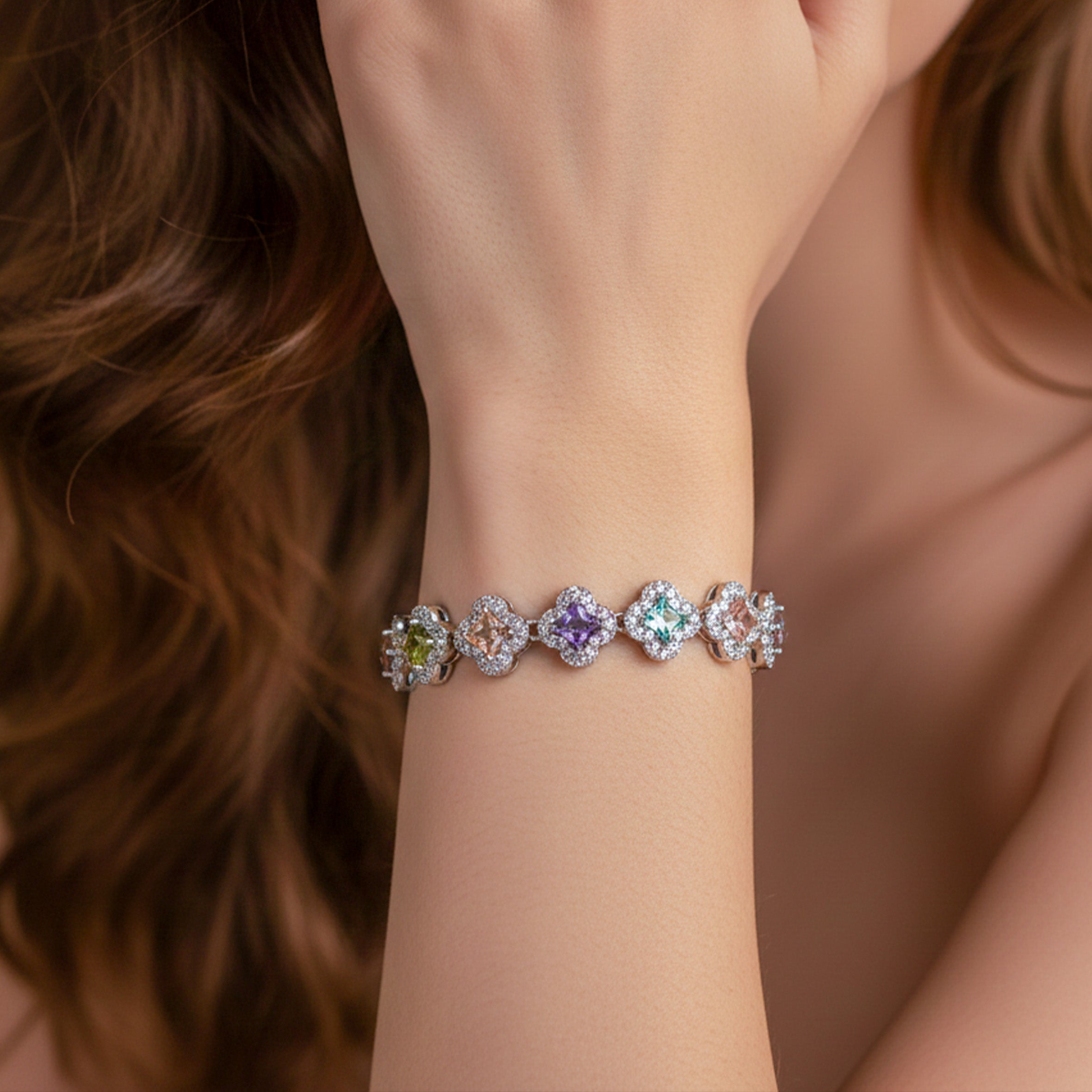 Multicolor Princess-Cut Halo Tennis Bracelet GWB -153