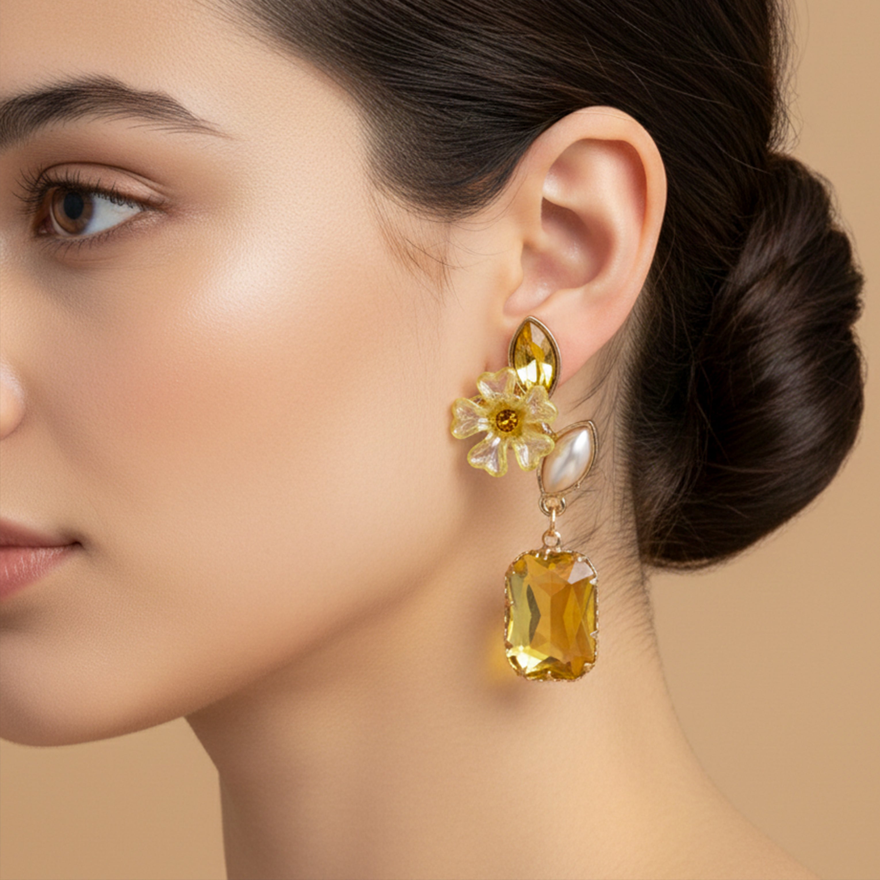 Yellow Floral Crystal  Earrings GWE -245