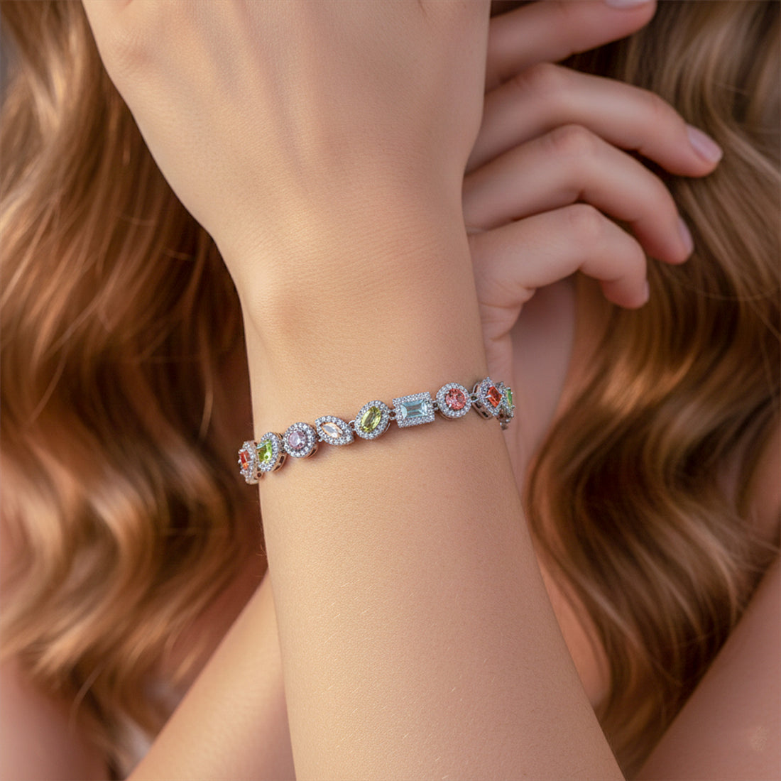 Pastel Multicolor Halo Stone Tennis Bracelet GWB -136