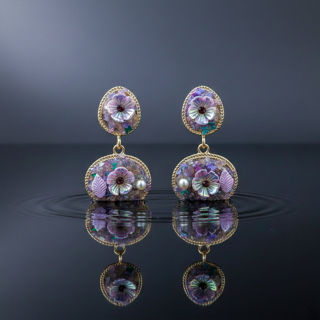 Lavender Floral Stone Drop Earrings GWE -244