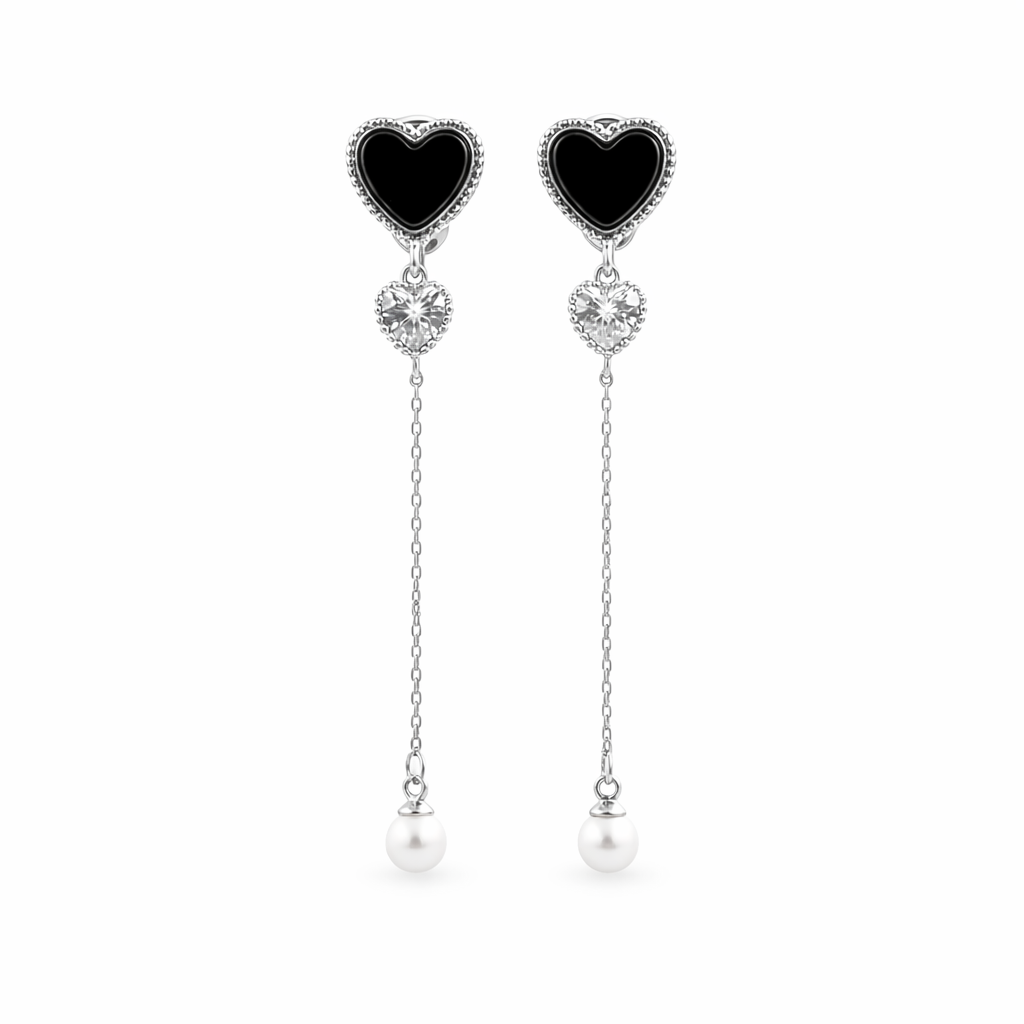 Midnight Heart Pearl Chain Drop Earrings GWE -85