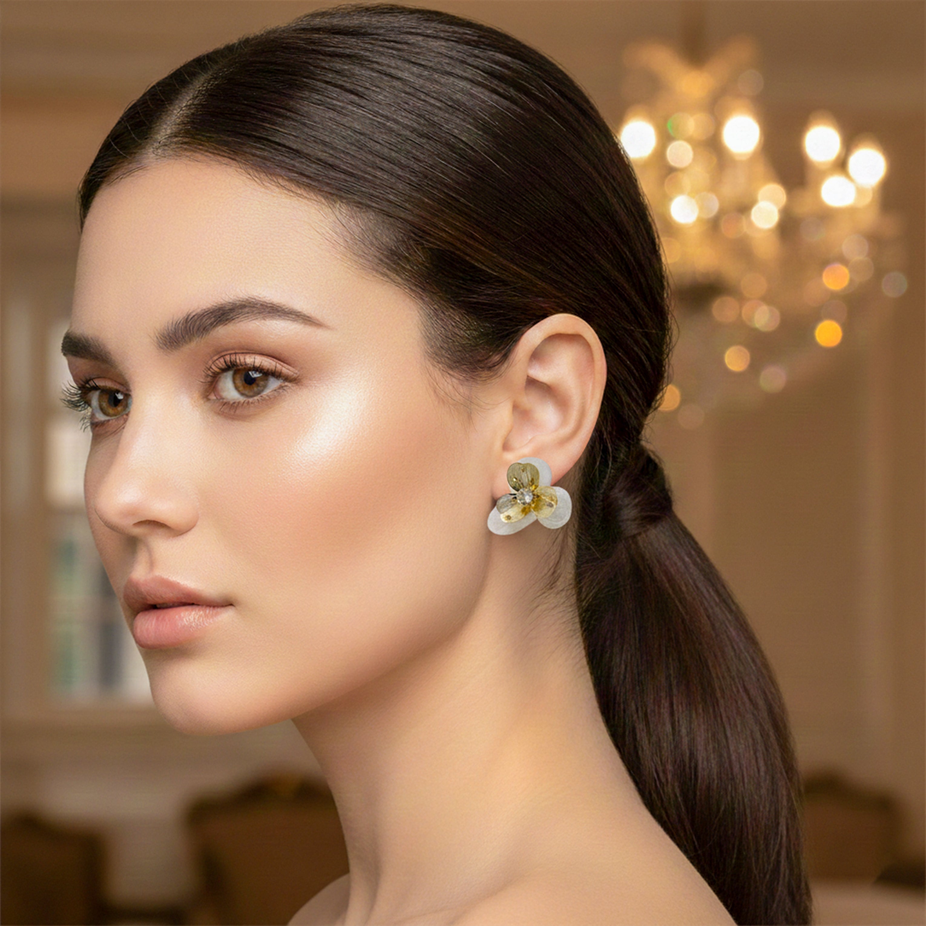 Golden Petal Sparkle Stud Earrings GWE - 169
