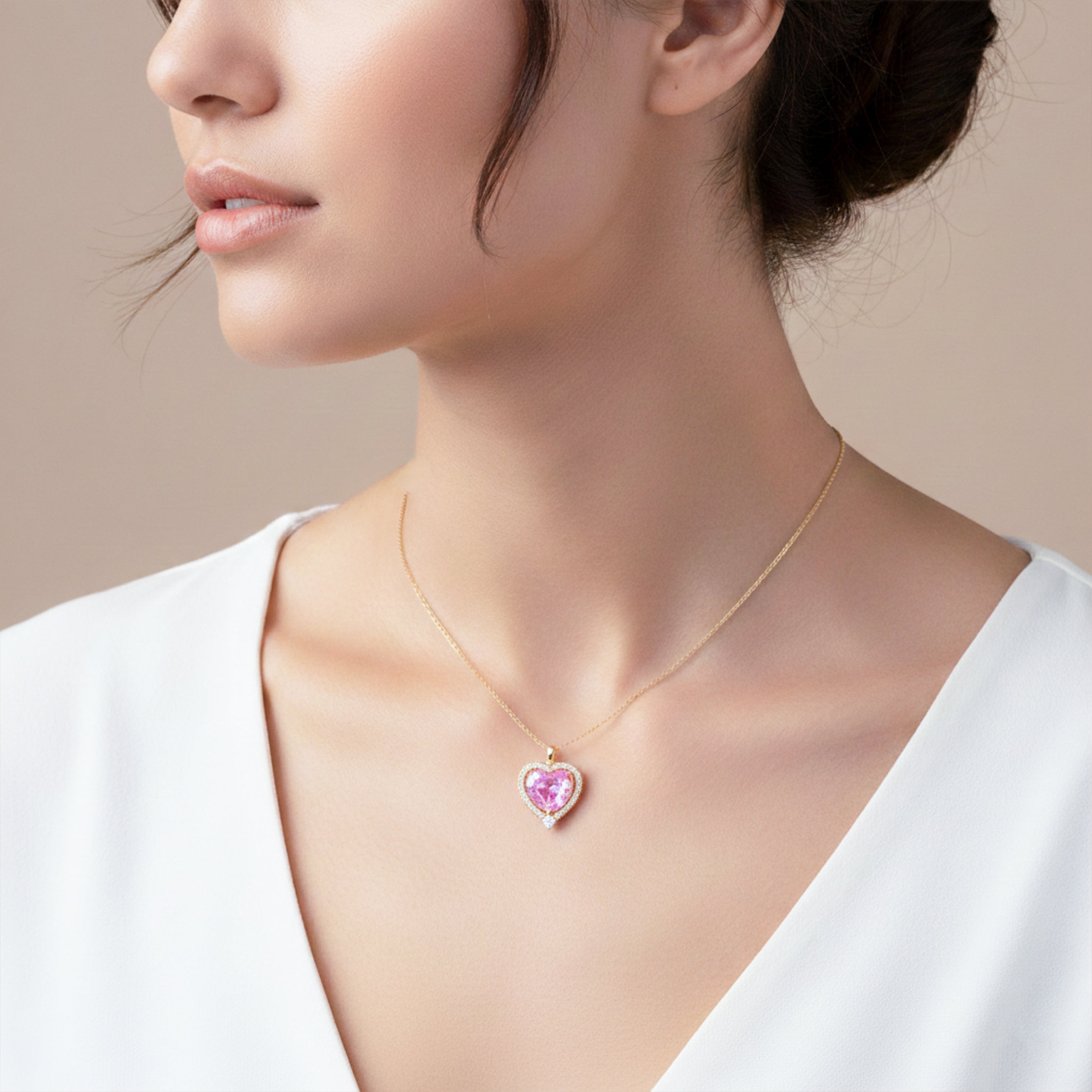 Pink Heart Halo Pendant Necklace GWN -141