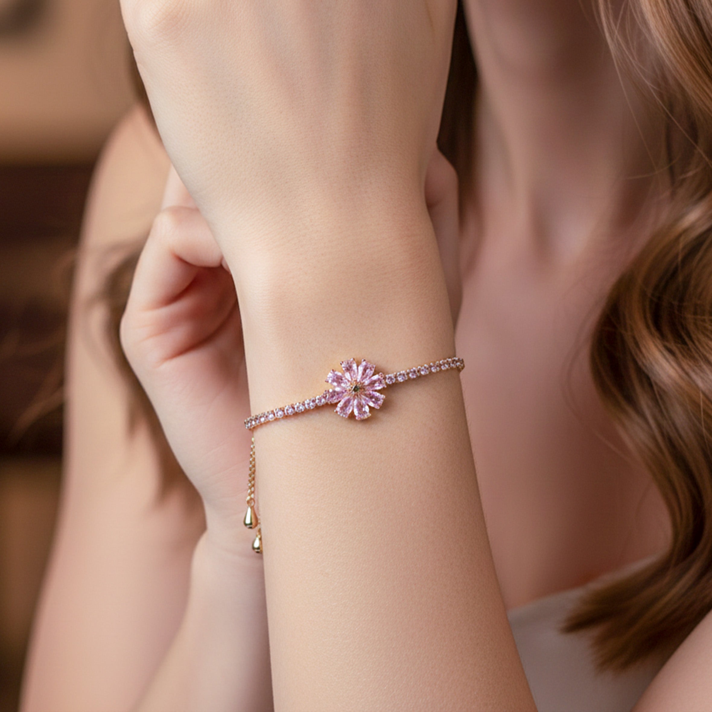 Pink Flower Adjustable Slider Bracelet GWB -154