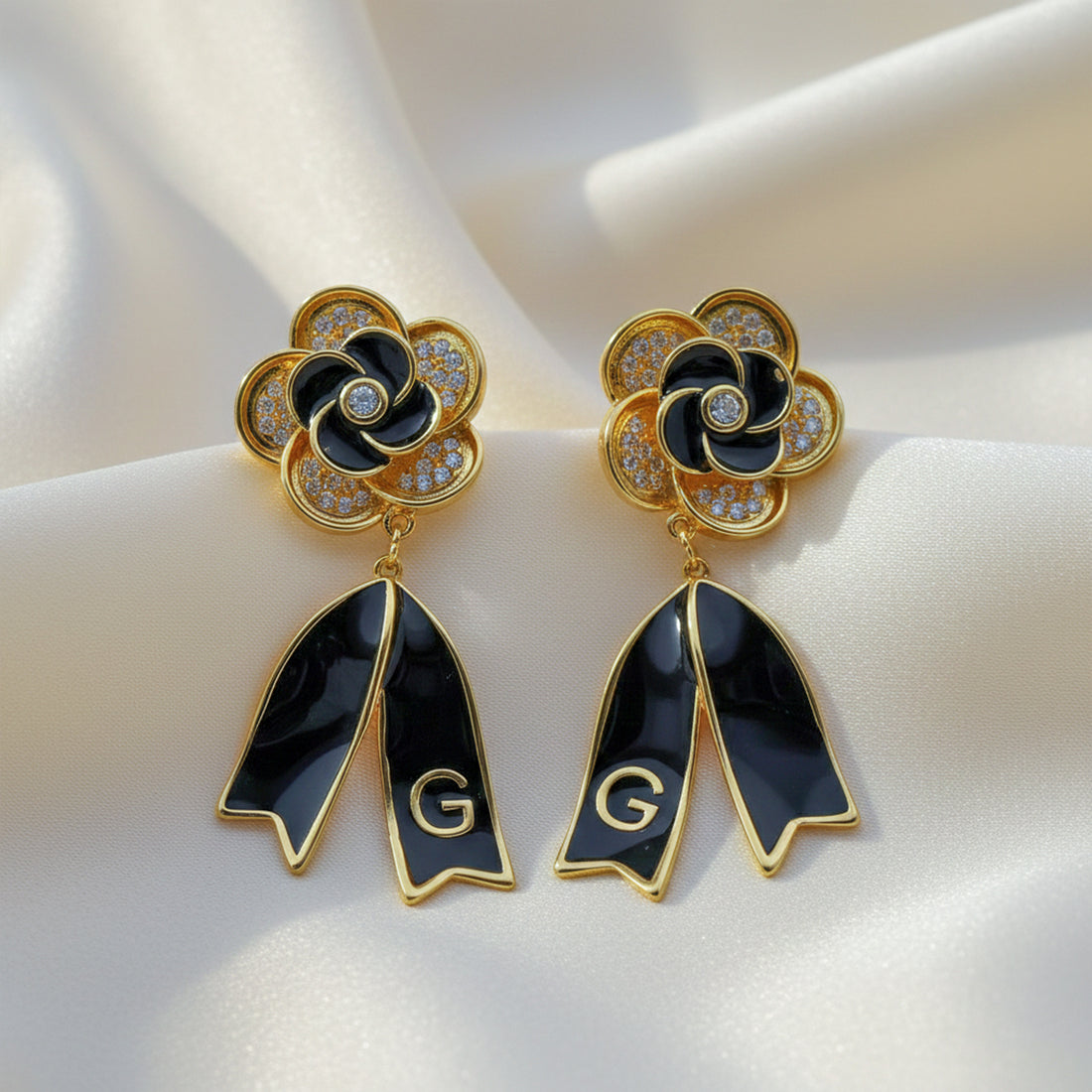 Midnight Bloom Crystal Ribbon Drop Earrings GWE -61