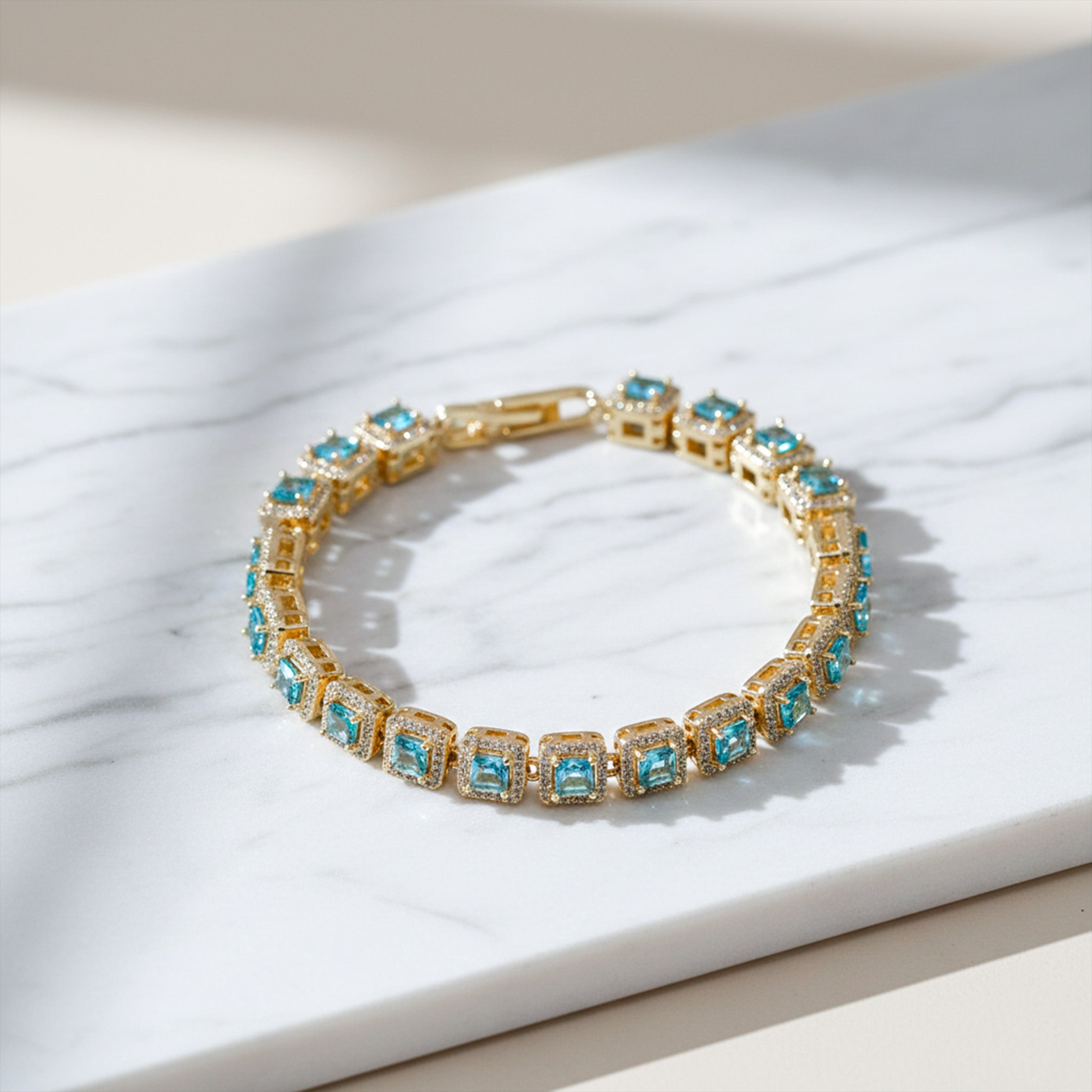 Aqua Blue Square Stone Halo Tennis Bracelet GWB -142