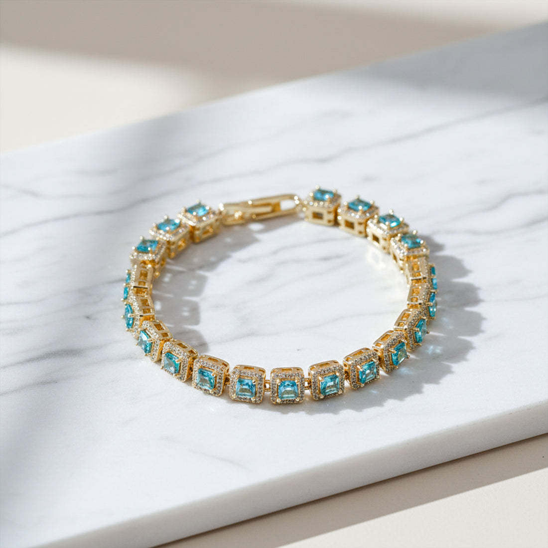 Aqua Blue Square Stone Halo Tennis Bracelet GWB -142