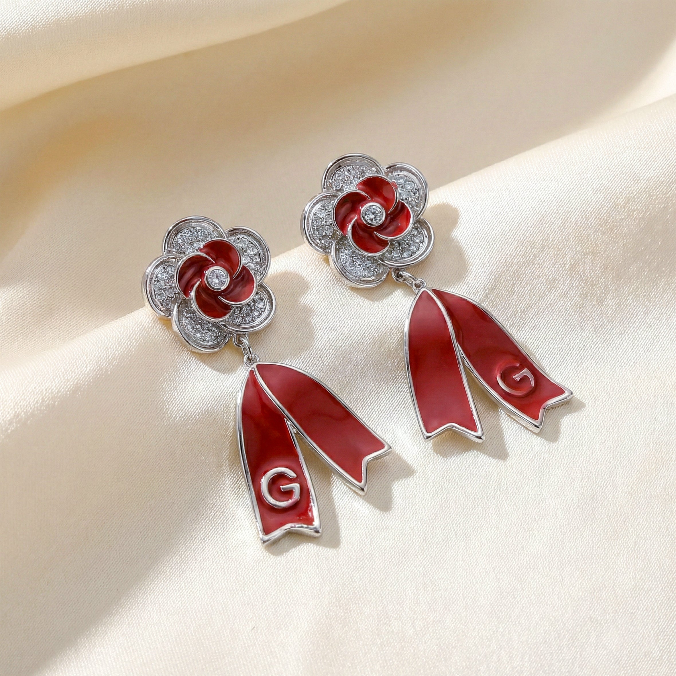 Ruby Bloom Ribbon Drop Earrings GWE -63