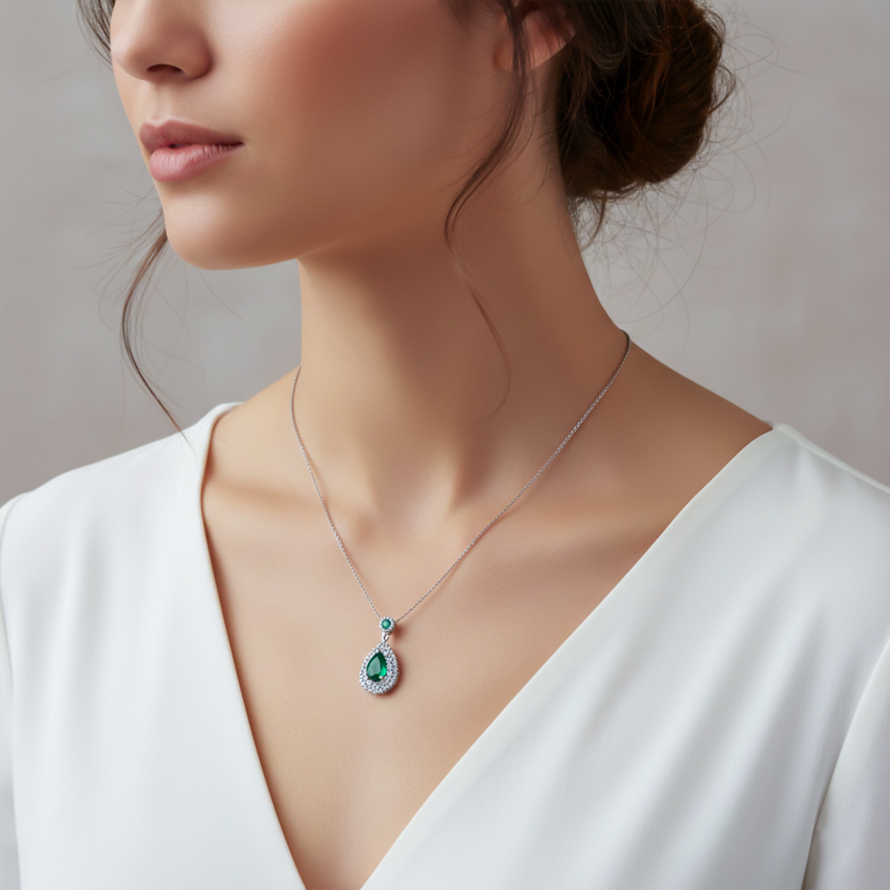 Emerald Teardrop Halo Pendant Necklace GWN -106