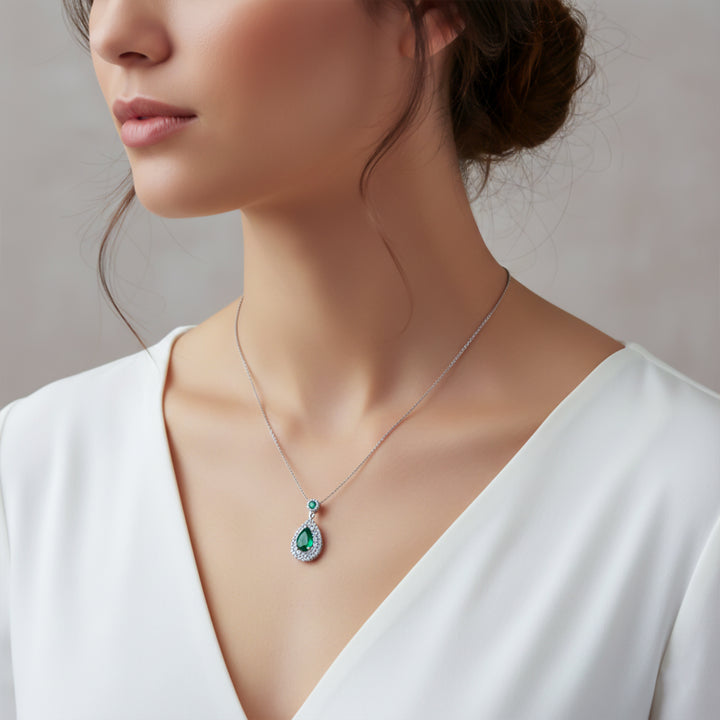 Emerald Teardrop Halo Pendant Necklace GWN -106