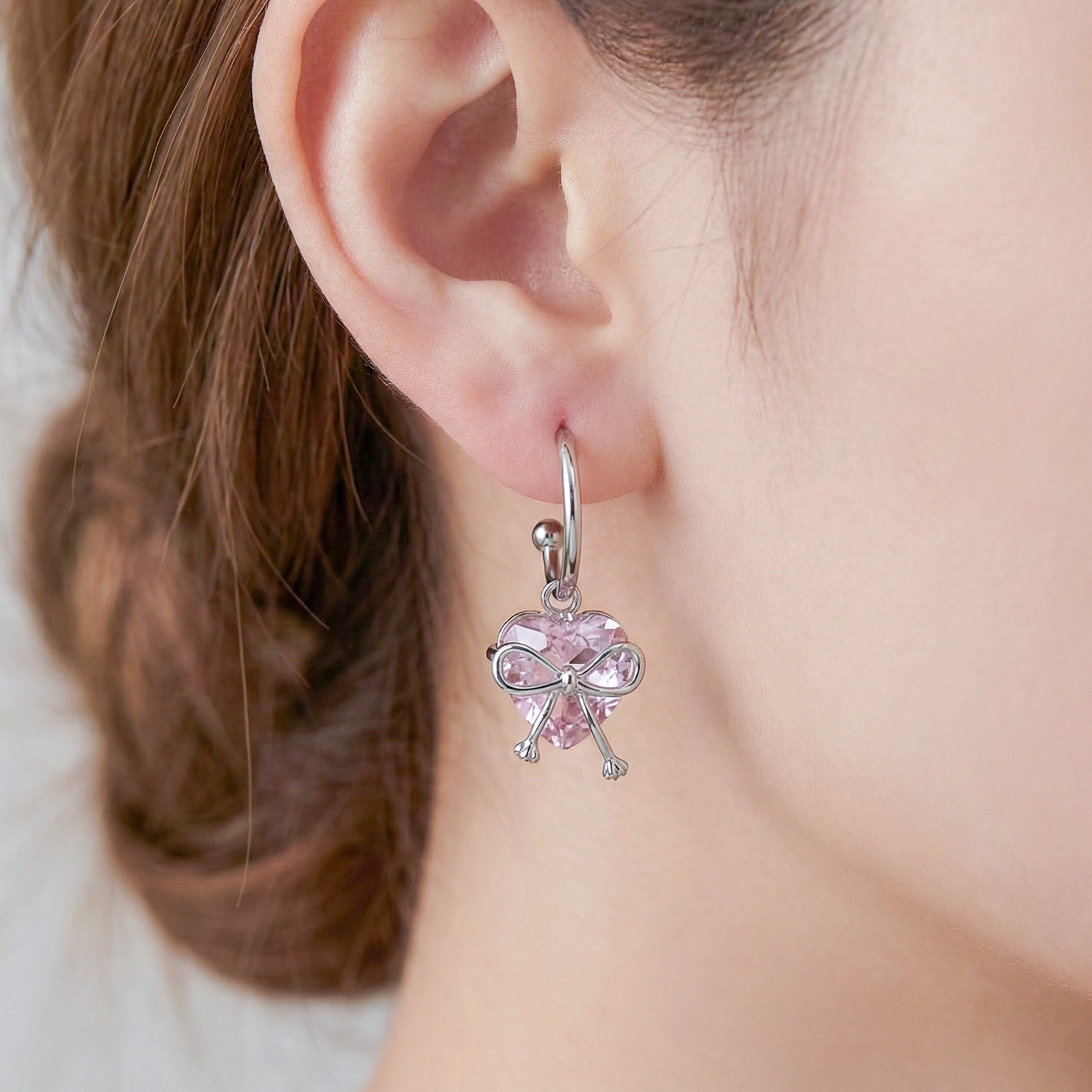 Bow Heart Crystal Hoop Earrings GWE -90