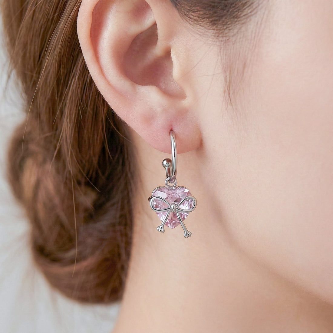 Bow Heart Crystal Hoop Earrings GWE -90