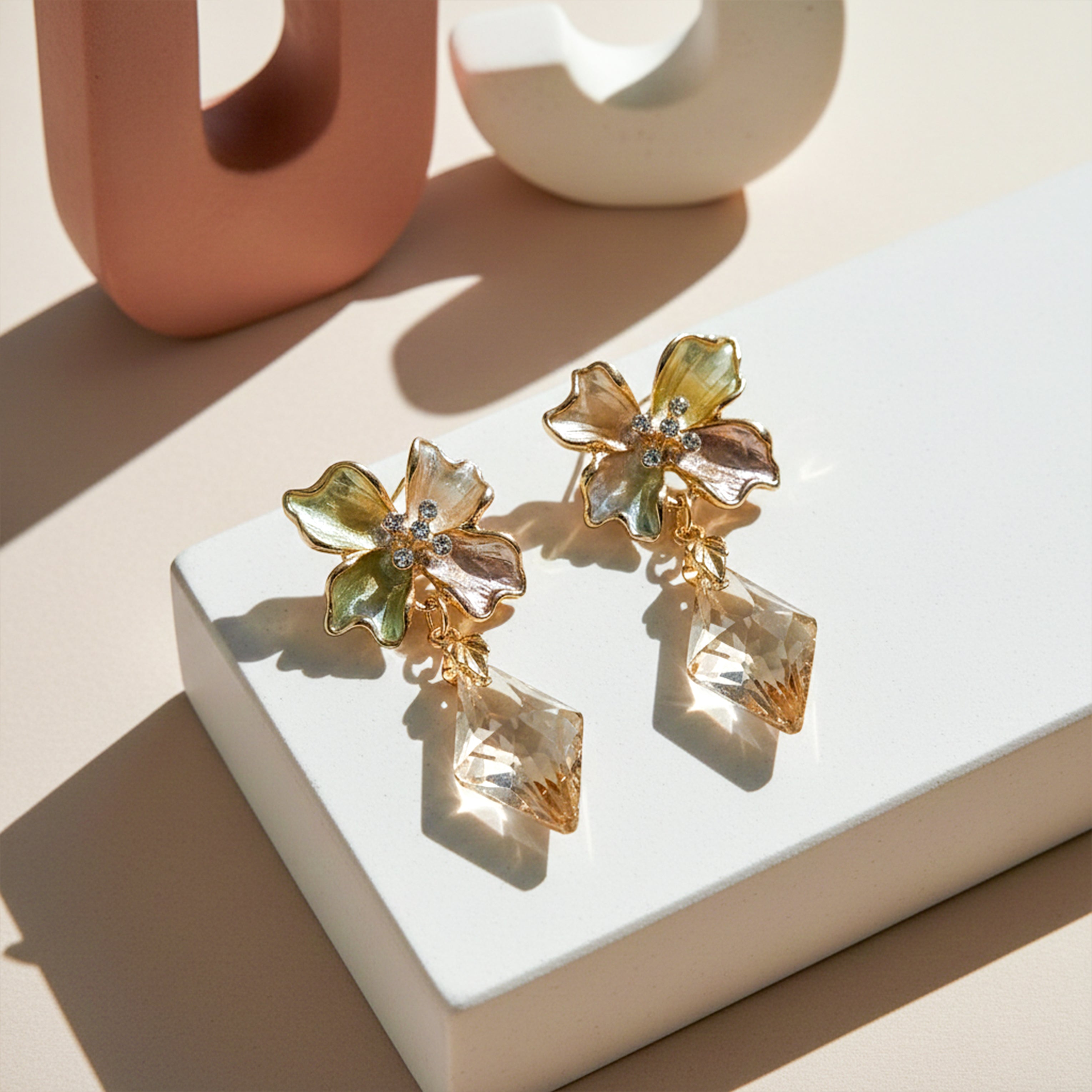 Golden Petal Crystal Drop Earrings GWE -208