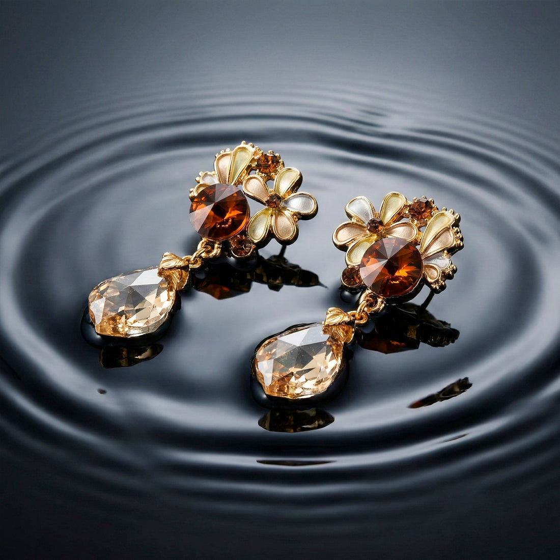 Brown Crystal Floral Drop Earrings GWE -195