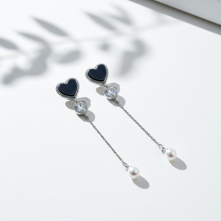Midnight Heart Pearl Chain Drop Earrings GWE -85