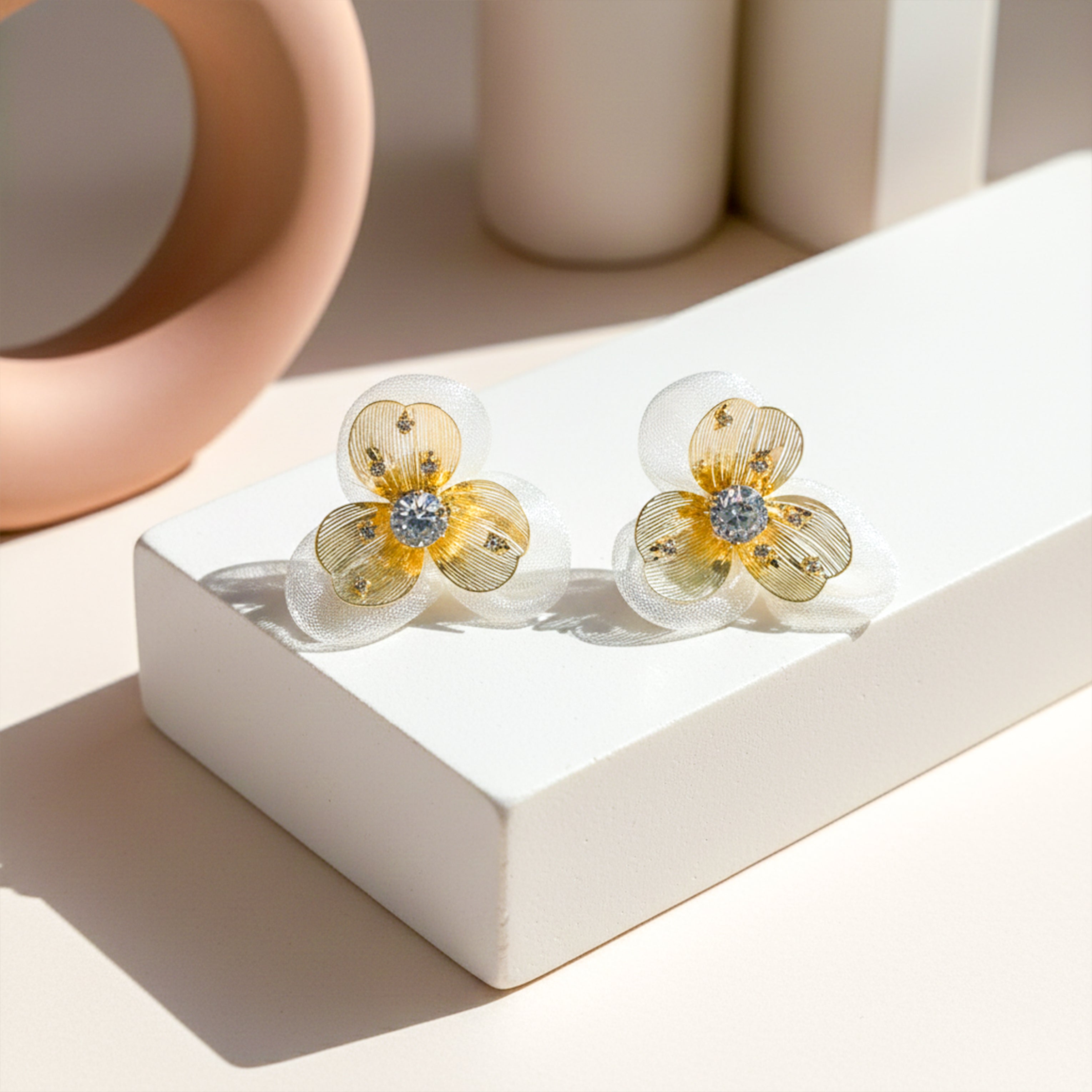 Golden Petal Sparkle Stud Earrings GWE - 169