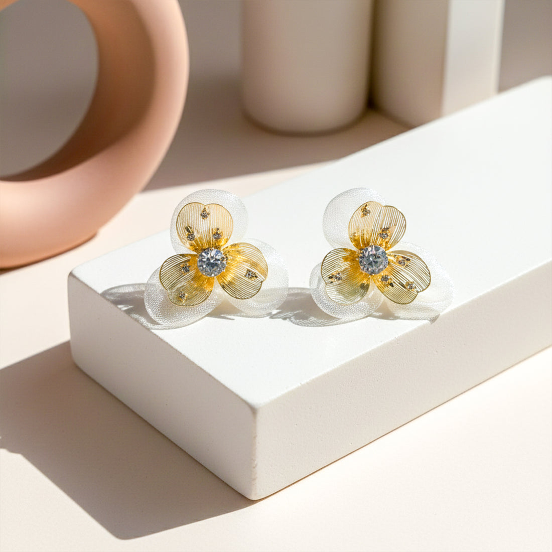 Golden Petal Sparkle Stud Earrings GWE - 169