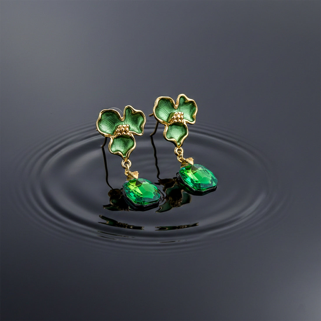 Green Enamel Floral Drop Earrings GWE -233