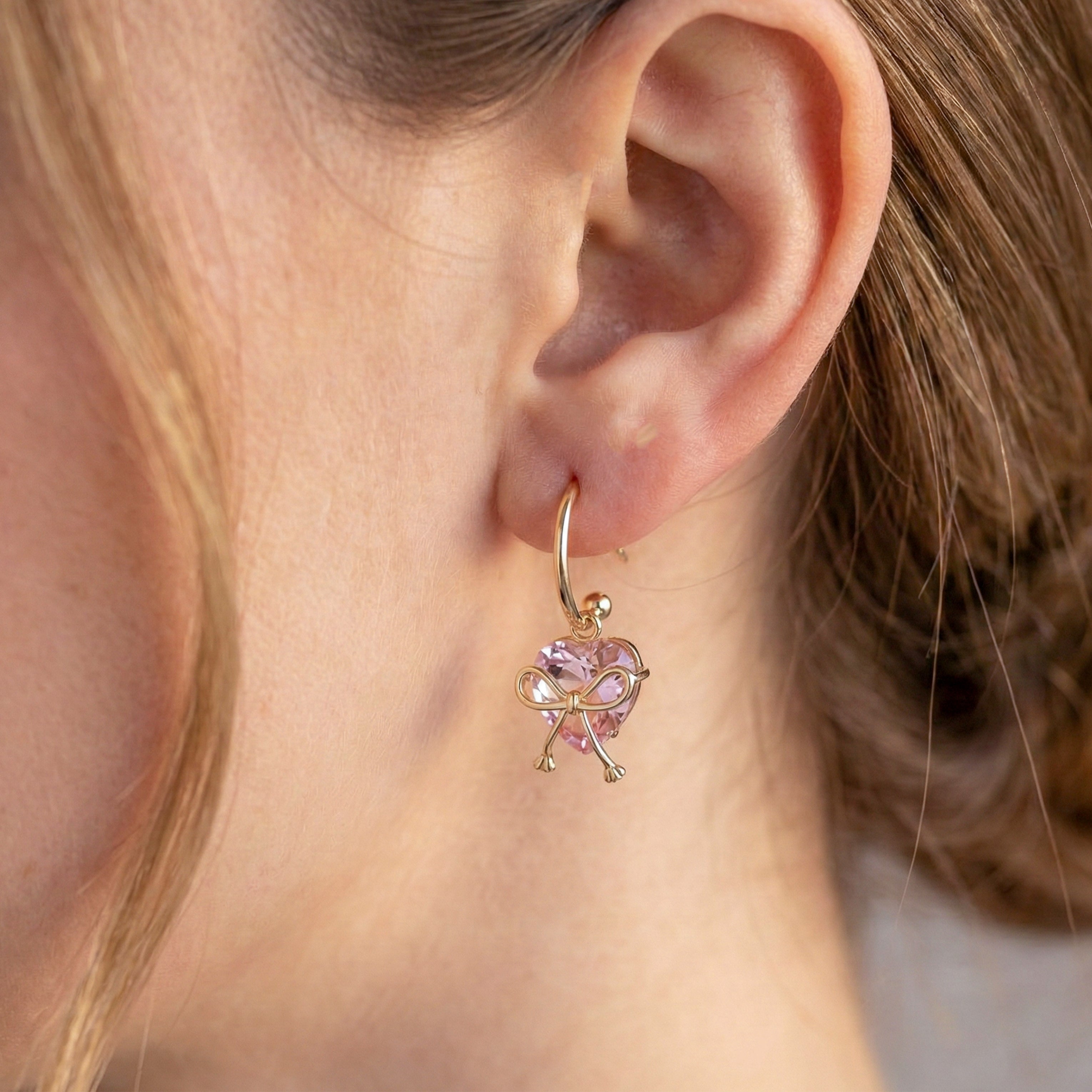 Bow Heart Crystal Drop Earrings GWE -89