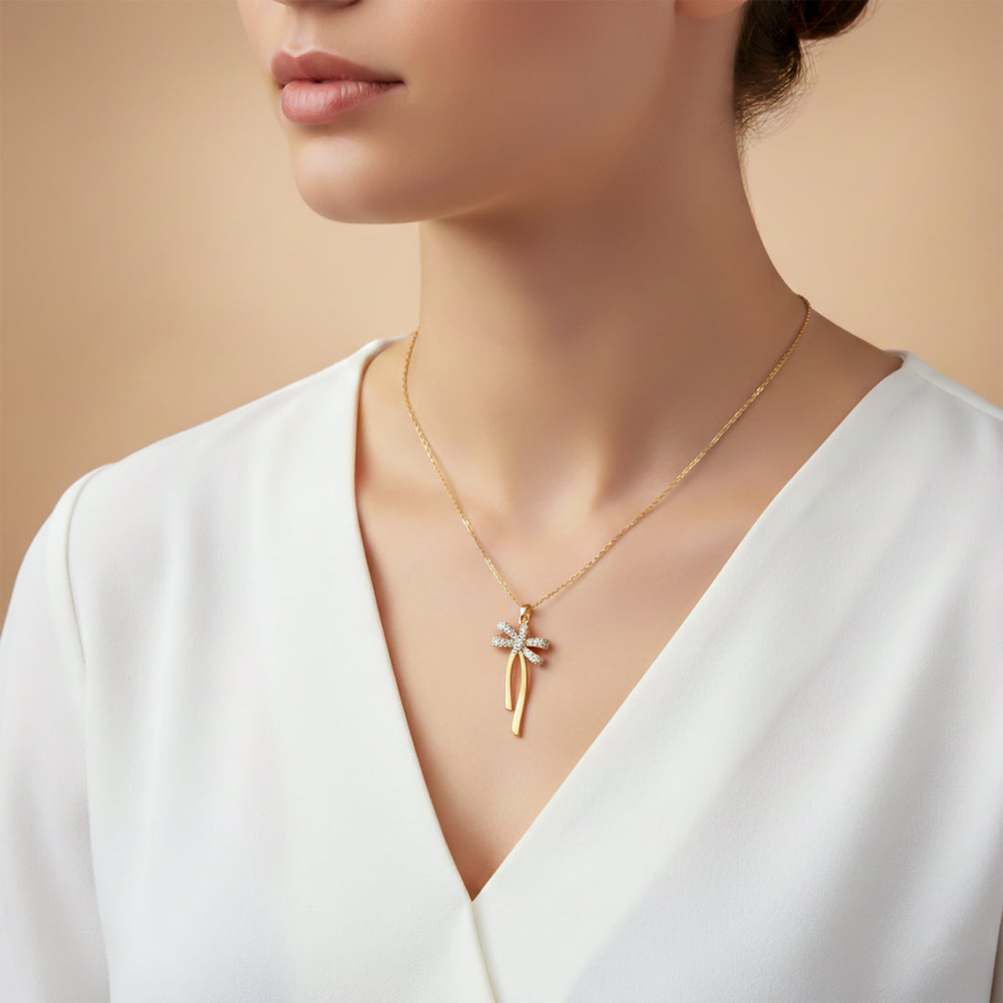 Diamond Bow Drop Gold Necklace GWN -88