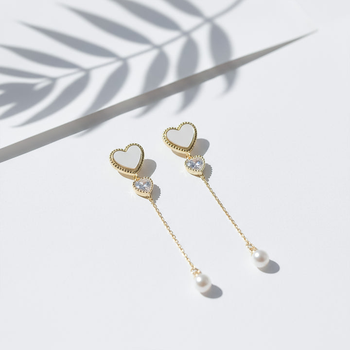 Heart Pearl Chain Drop Earrings GWE -87