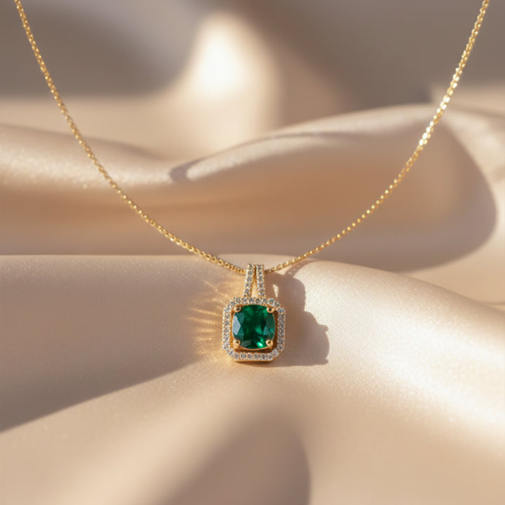 Emerald Square Halo Pendant Necklace GWN -157