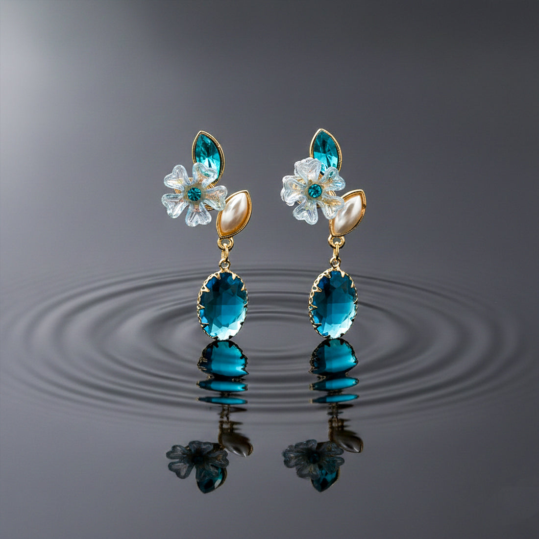 Blue Floral Crystal  Earrings GWE -239