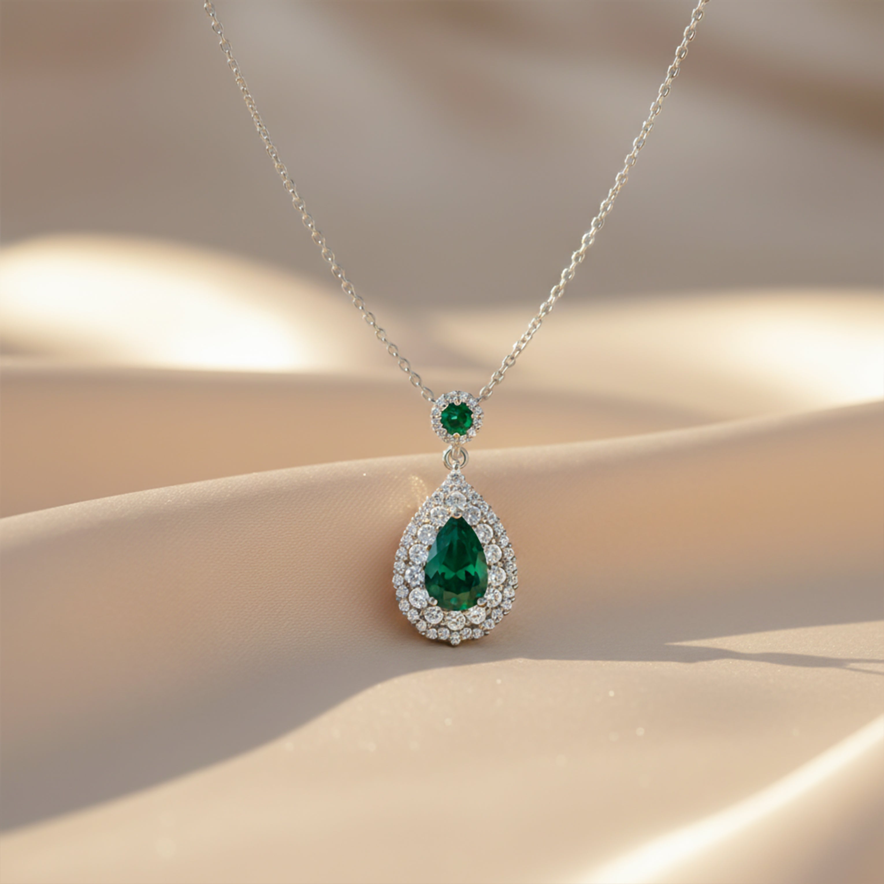 Emerald Teardrop Halo Pendant Necklace GWN -106