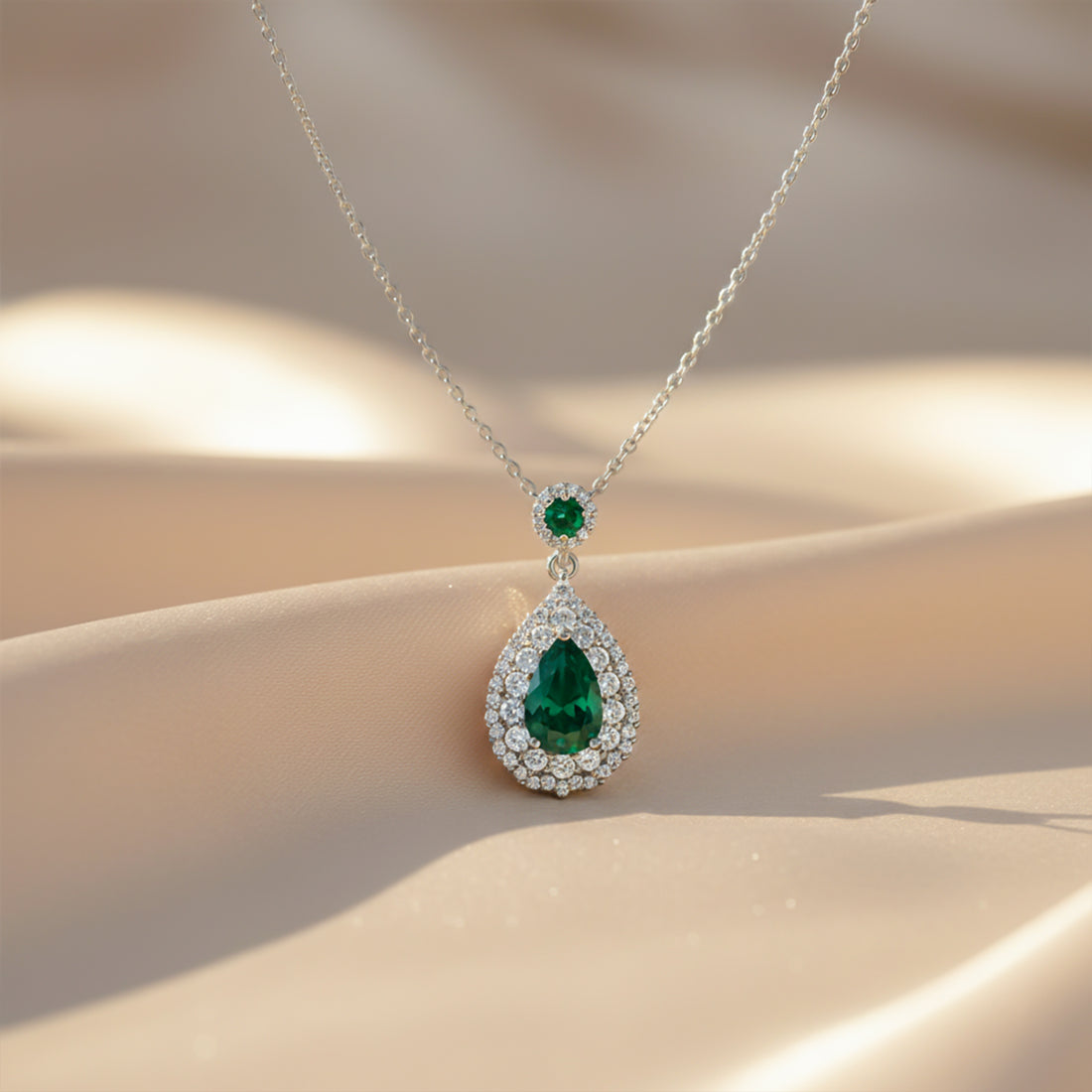 Emerald Teardrop Halo Pendant Necklace GWN -106