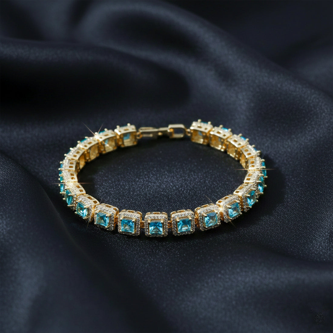 Aqua Blue Square Stone Halo Tennis Bracelet GWB -142
