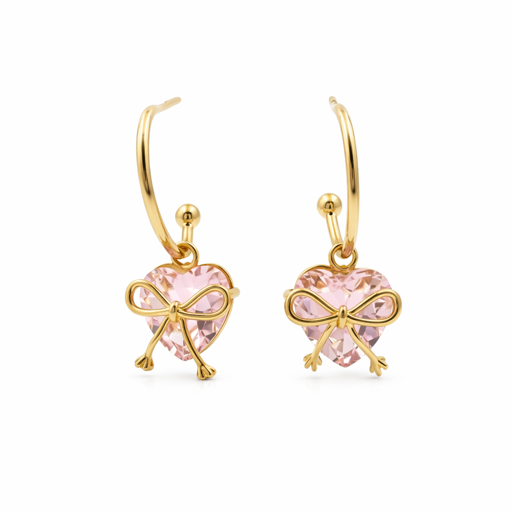 Bow Heart Crystal Drop Earrings GWE -89