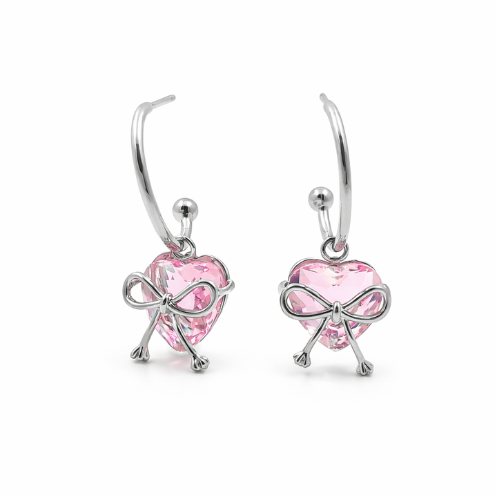 Bow Heart Crystal Hoop Earrings GWE -90