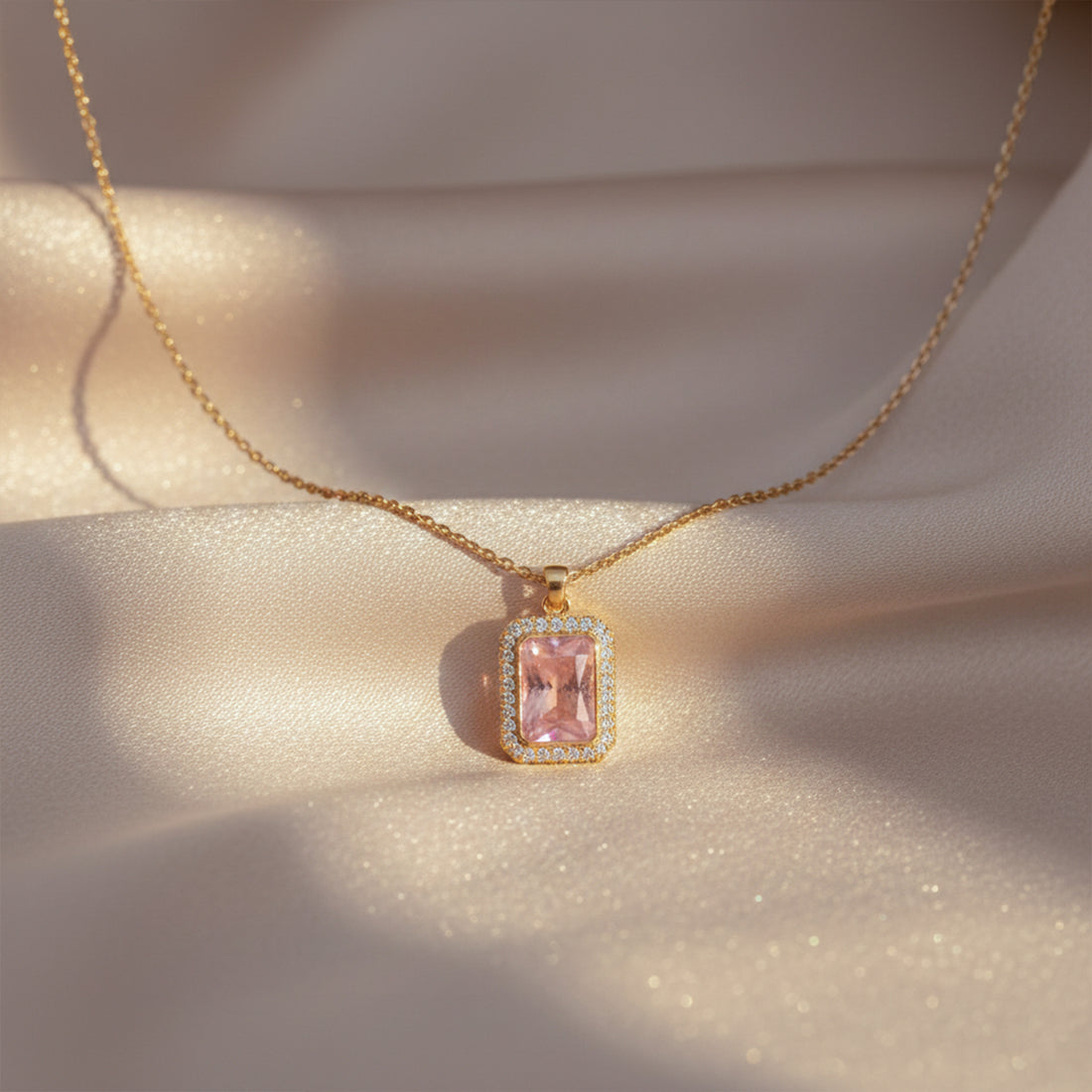 Pink Stone Halo Pendant Necklace GWN -152