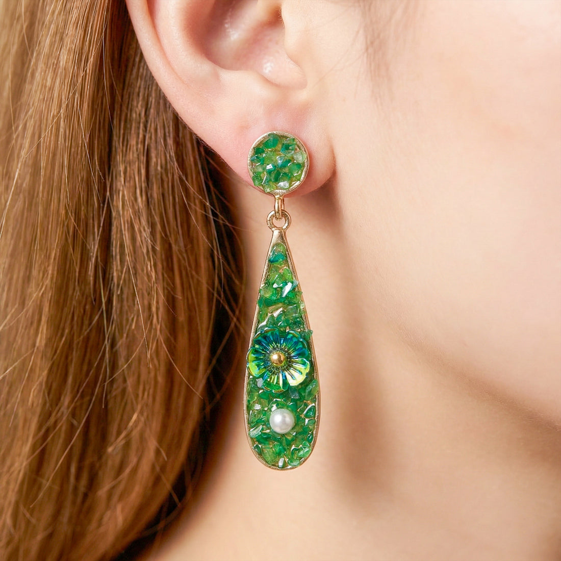 Green Stone Floral Earrings GWE -247