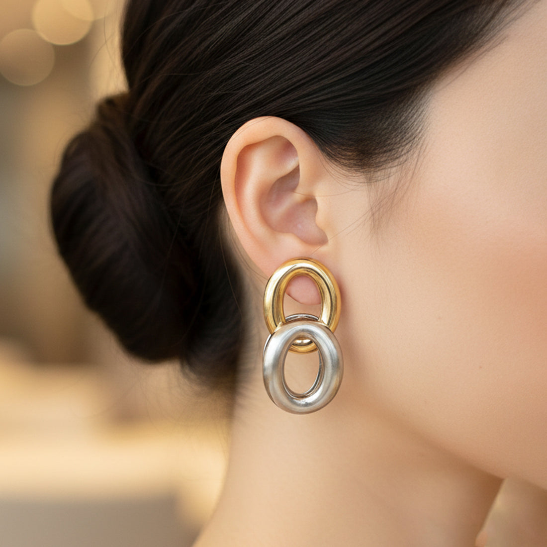 Dual Orbit Two-Tone Link Drop Earrings GWE -55
